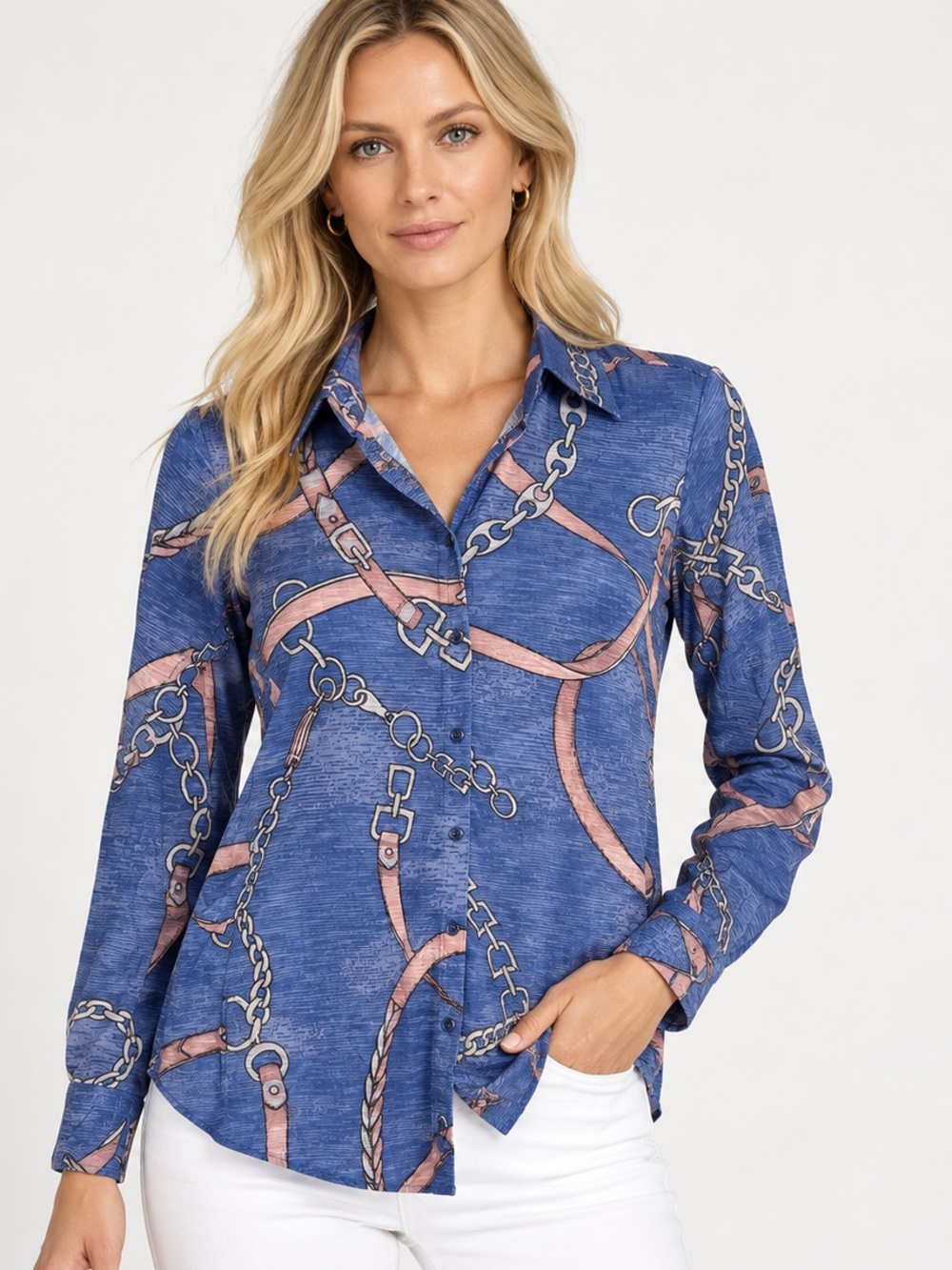 David Cline Crushed Long Sleeve Blueberry Snap Down Shirt Size XS Chain Print